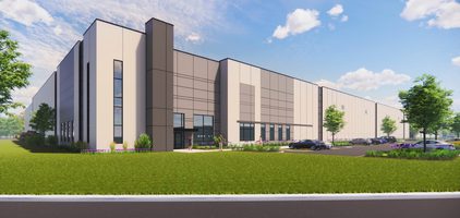 Rendering of industrial building with a neutral facade, large windows, and landscaped parking area