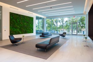 Lobby area of an office building with a black couch, black chairs, and greenery on the wall.