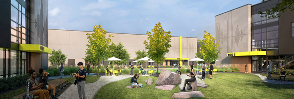 Outdoor courtyard with trees, seating areas, and people socializing.