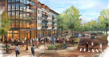 Artistic rendering of a vibrant urban street with pedestrians, cyclists, trees, and modern storefronts.