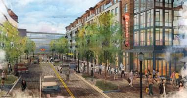 Artistic rendering of a lively urban street with pedestrians, cars, trees, and storefronts like Silverleaf Grill.