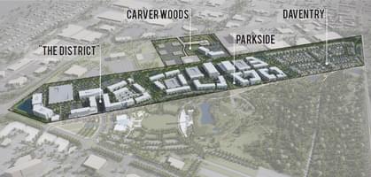 Master plan rendering showing The District, Carver Woods, Parkside, and Daventry with labeled sections.