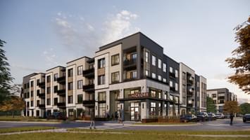 Rendering of white and gray apartment building with black balconies, wood accents, and autumn trees in the foreground